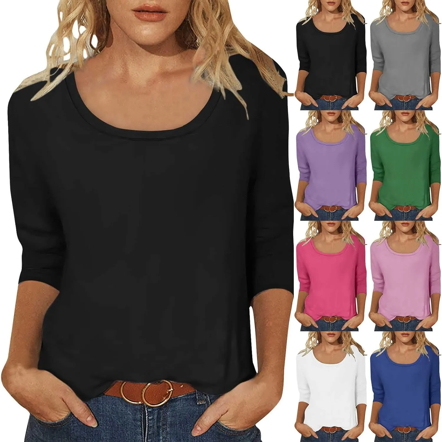Scoop Neck 3/4 Sleeve Tees for Women Dressy Casual Gradient Tunic Solid Color Block Tops Blouses Summer Stripes Tee