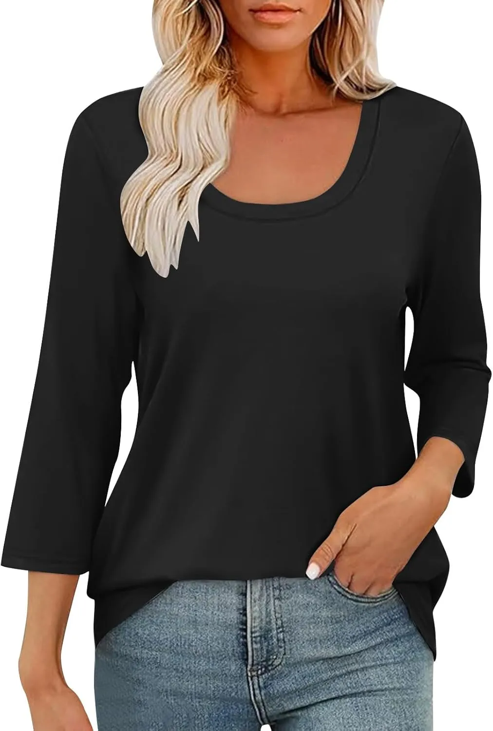 Scoop Neck 3/4 Sleeve Tees for Women Dressy Casual Gradient Tunic Solid Color Block Tops Blouses Summer Stripes Tee