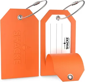 Shacke Large Luggage Tags (2pcs) with Privacy Cover and Steel Loops (Orange)