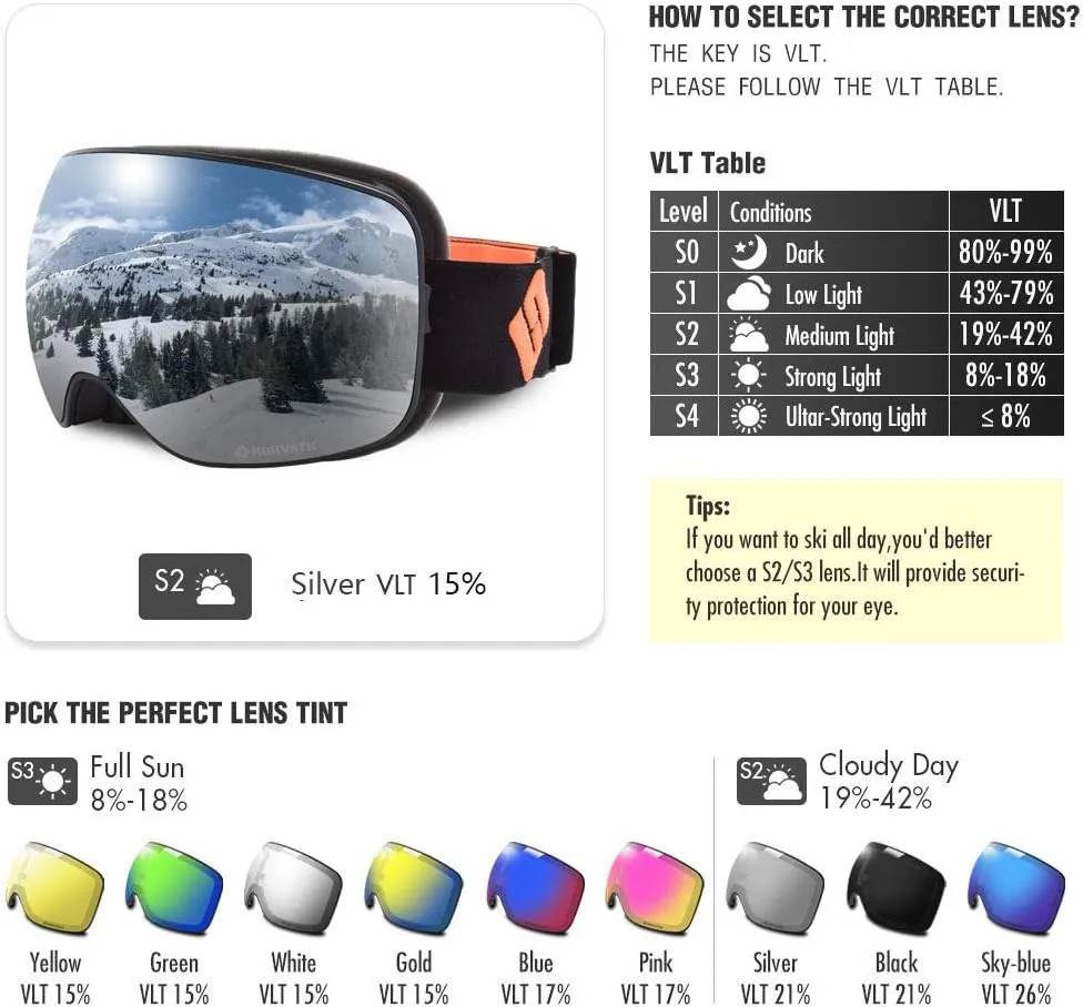Ski Snowboard Goggles Magnetic Mirrored Lens 120s Anti-Fog for Adult