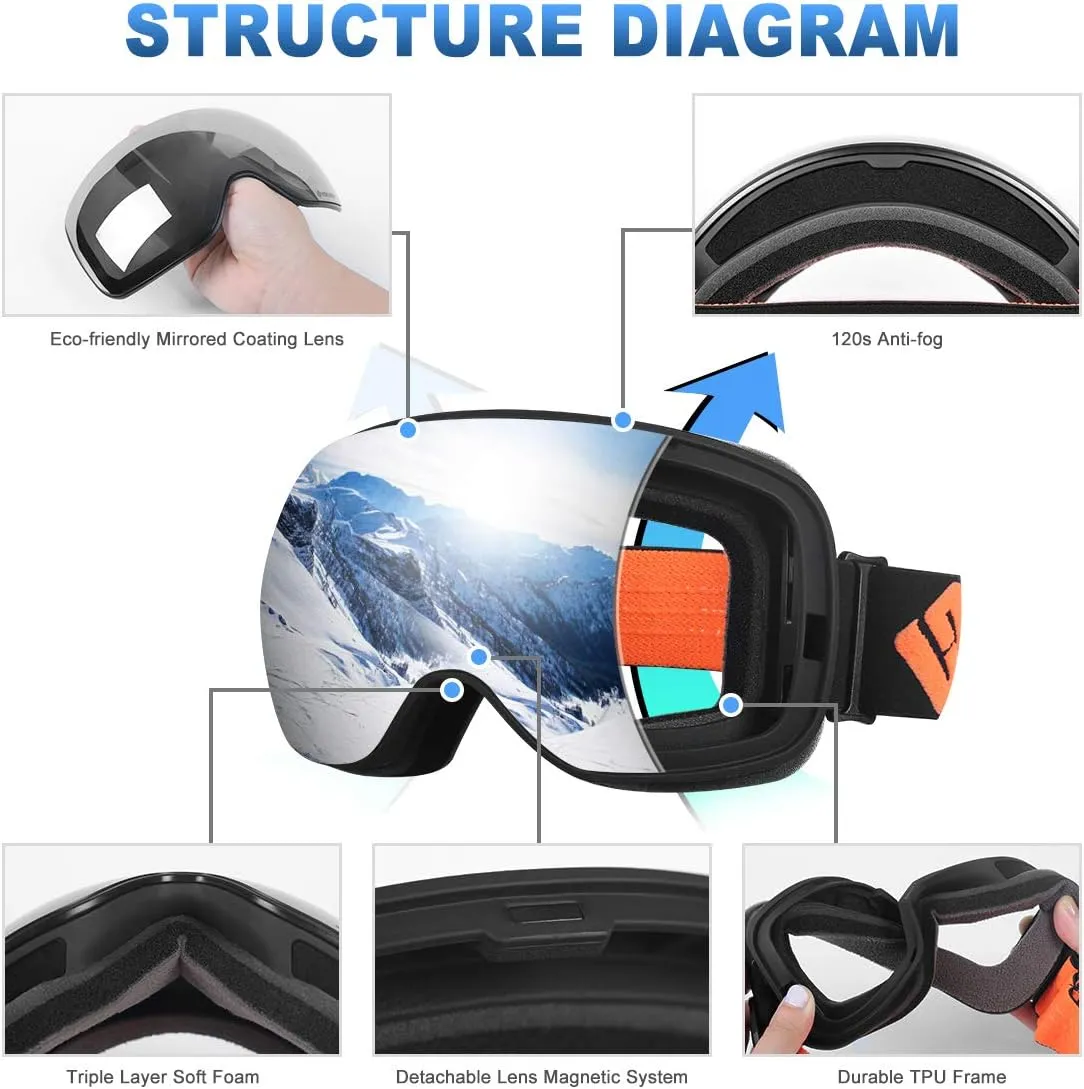Ski Snowboard Goggles Magnetic Mirrored Lens 120s Anti-Fog for Adult