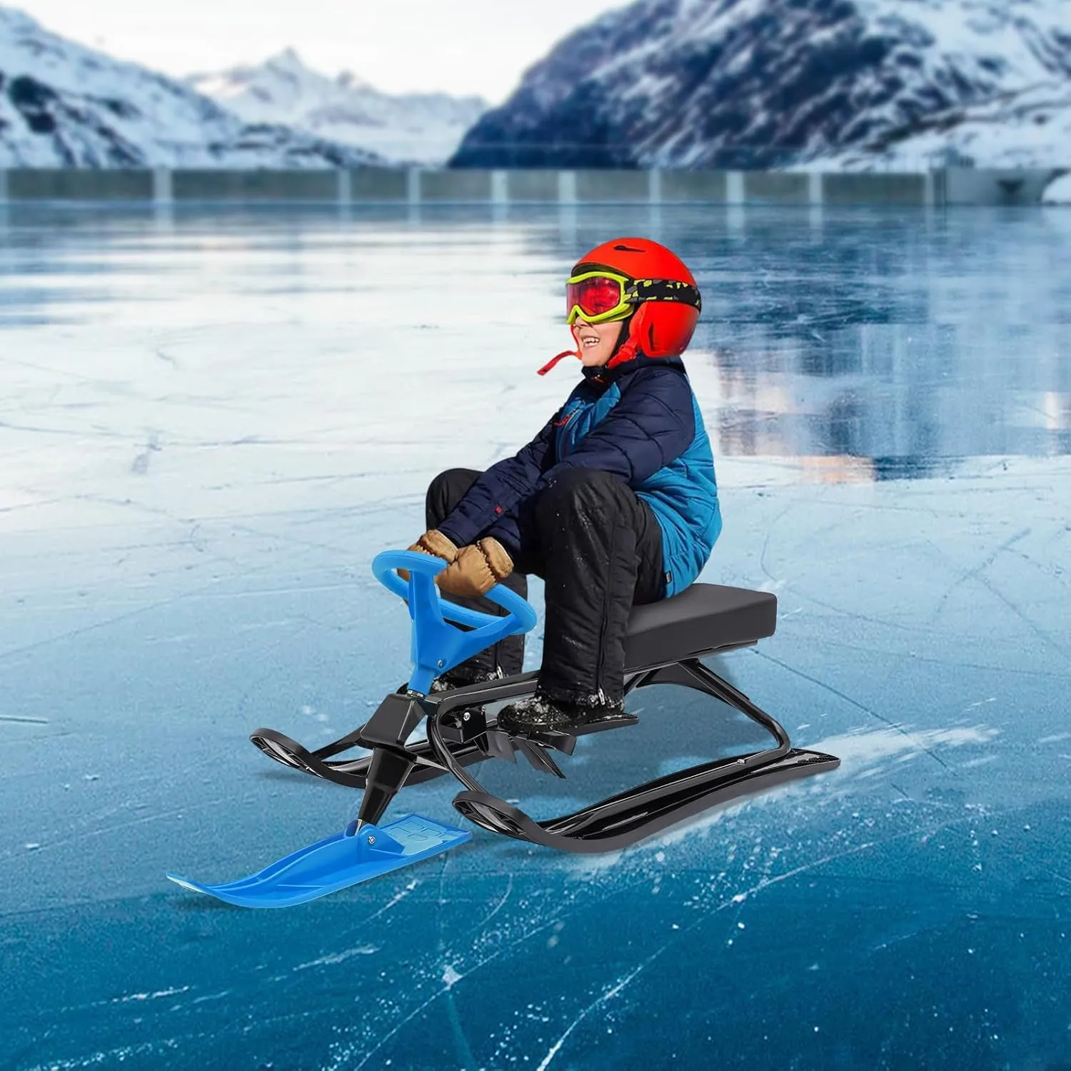 Snow Racer Sled, Ski Sled Slider Board with Steering Wheel, Soft and Large PU Seat, Twin Brakes for Kids Aged 3-15 Years Old & Adults