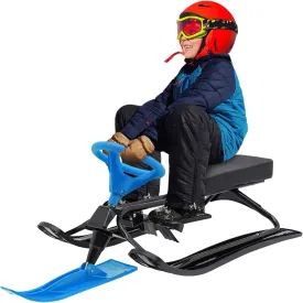 Snow Racer Sled, Ski Sled Slider Board with Steering Wheel, Soft and Large PU Seat, Twin Brakes for Kids Aged 3-15 Years Old & Adults