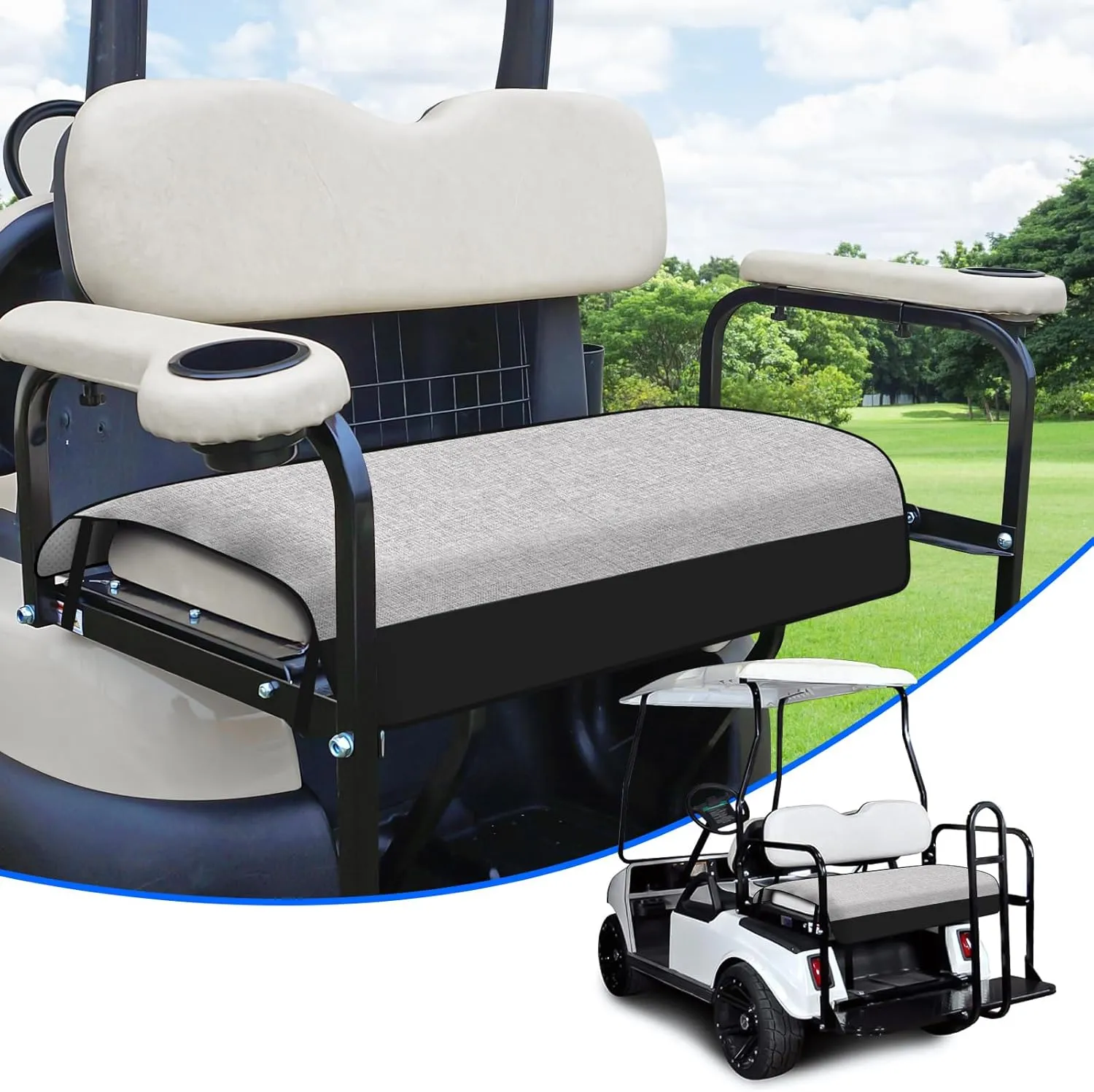 T TGBROS Golf Cart Seat Covers for 2 Person Seats EZGO, Yamaha & Club Car with Armrests Universal Golf Cart Seat Blanket Cushion Front & Rear All Weather Accessories - Black Leather & Gray Linen