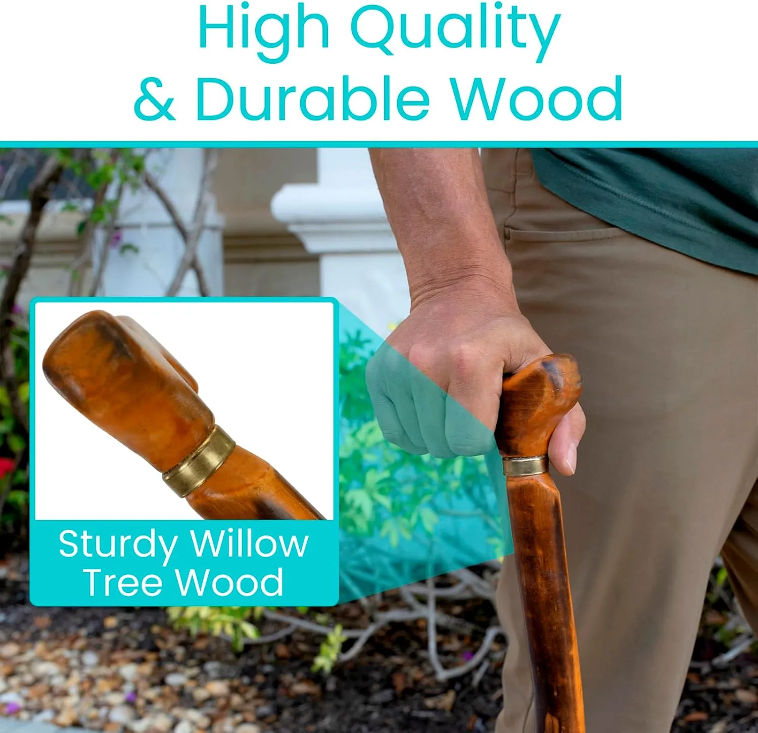 Vive Wooden Walking Stick Cane - for Men, Women, & Seniors - 36 Inch Single Point Rubber Tip with Willow Handle - Ergonomic Grip for Balance & Stability - Lightweight Elderly Assistance Product