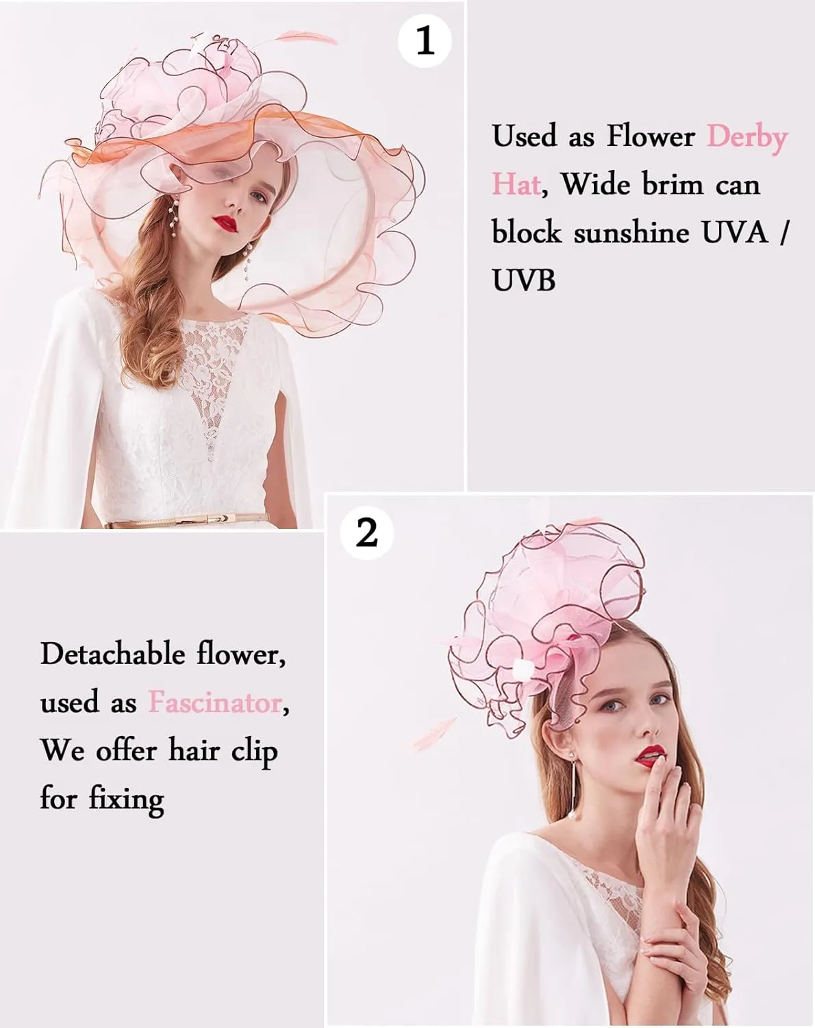 Z&X Women Organza Church Derby Hat Wide Brim Sun Hats for Wedding Tea Party Fascinator Hat, Dual-use