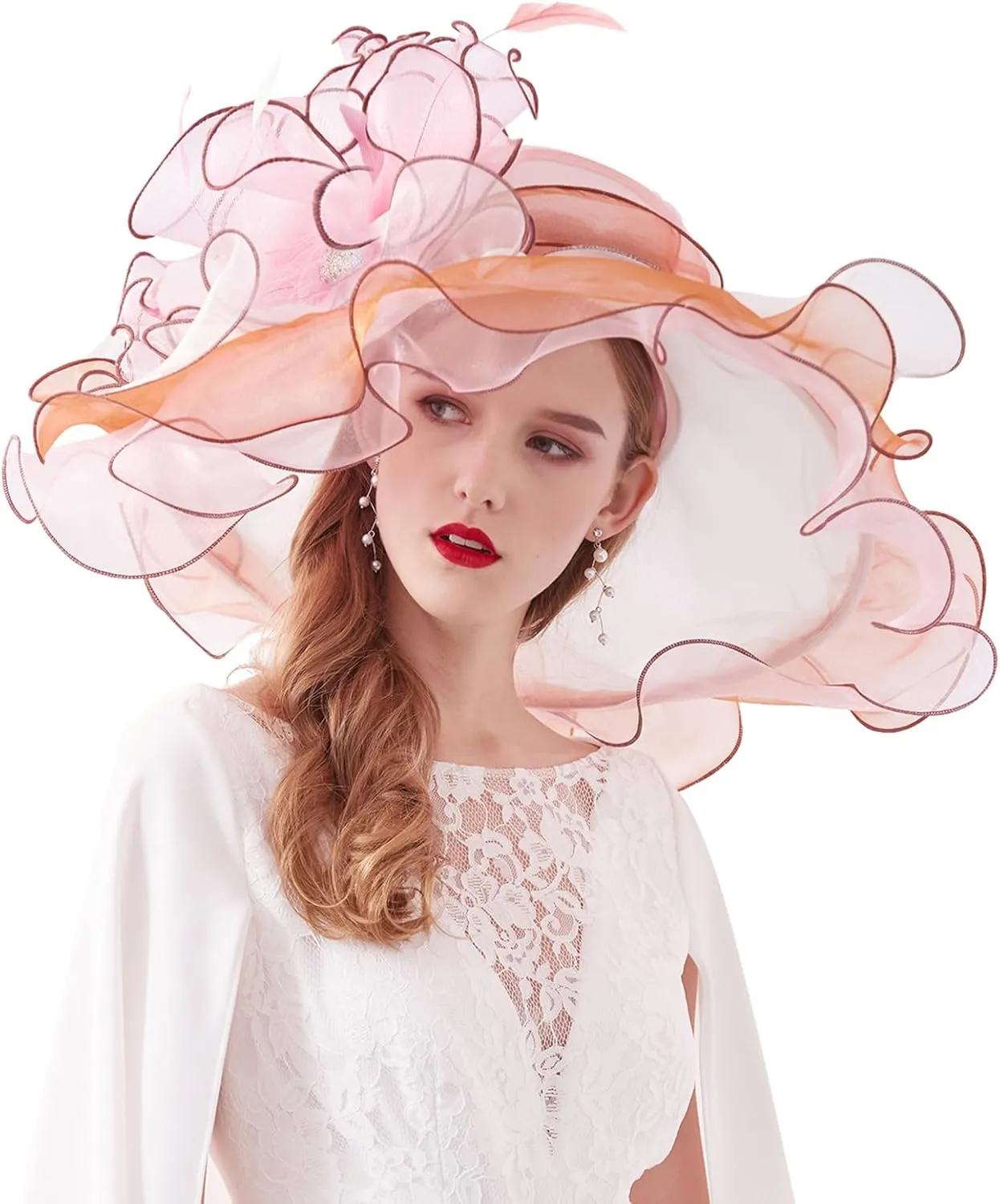 Z&X Women Organza Church Derby Hat Wide Brim Sun Hats for Wedding Tea Party Fascinator Hat, Dual-use