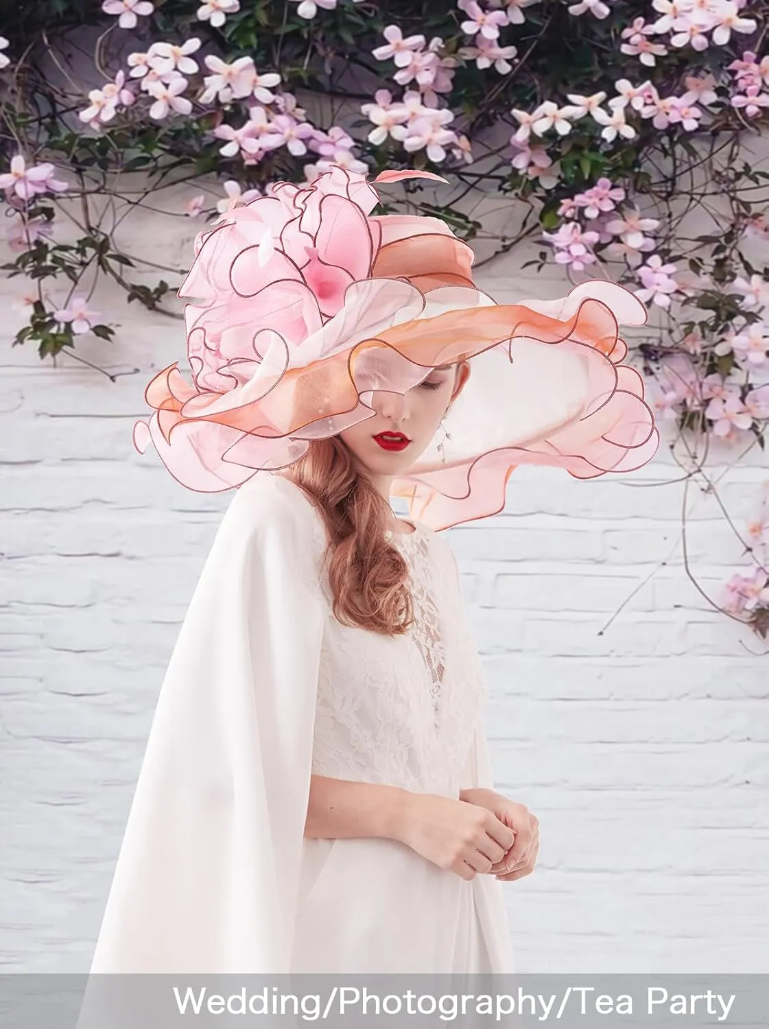 Z&X Women Organza Church Derby Hat Wide Brim Sun Hats for Wedding Tea Party Fascinator Hat, Dual-use