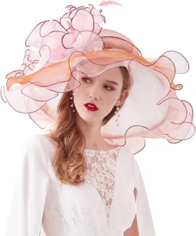 Z&X Women Organza Church Derby Hat Wide Brim Sun Hats for Wedding Tea Party Fascinator Hat, Dual-use