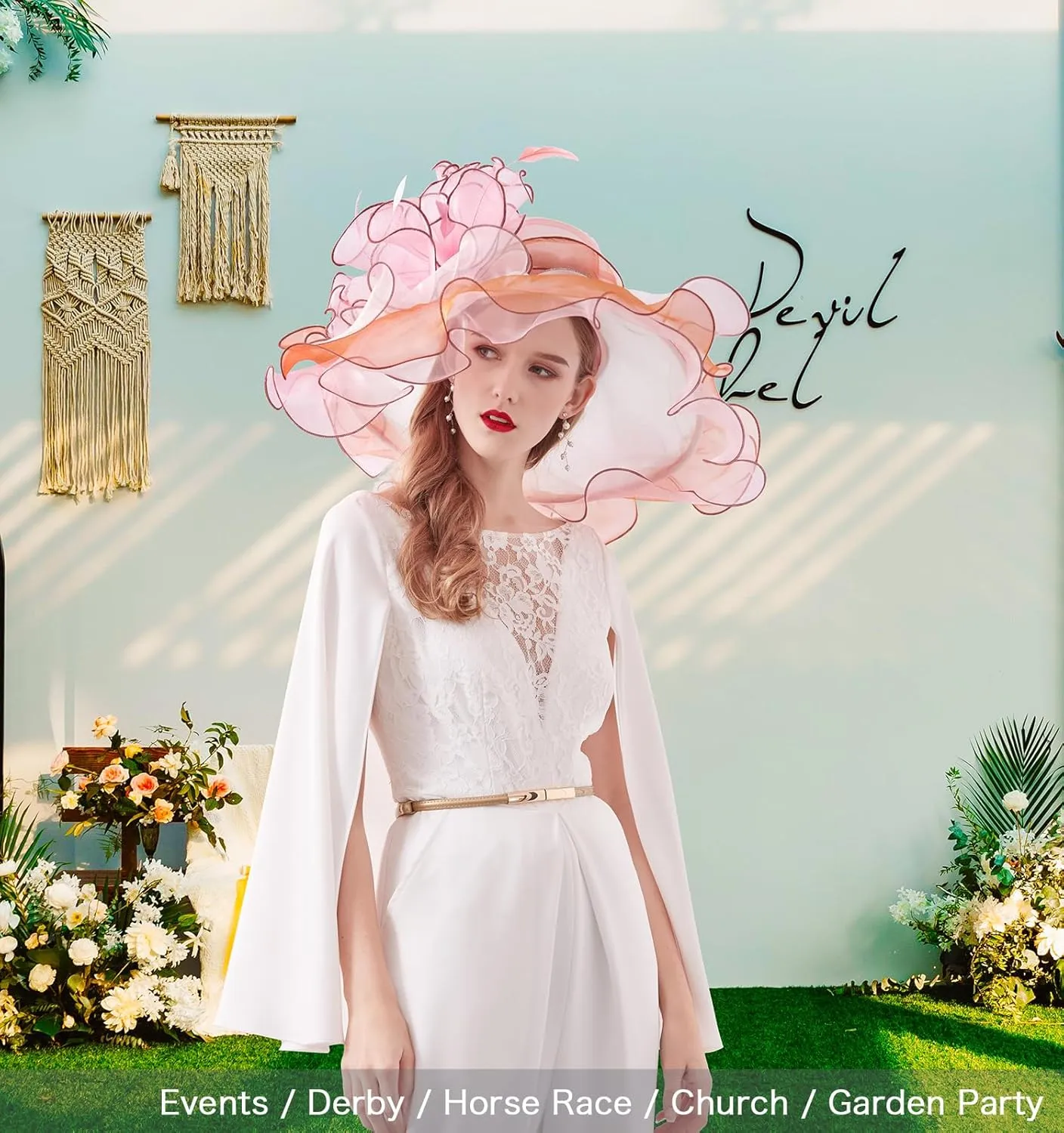 Z&X Women Organza Church Derby Hat Wide Brim Sun Hats for Wedding Tea Party Fascinator Hat, Dual-use