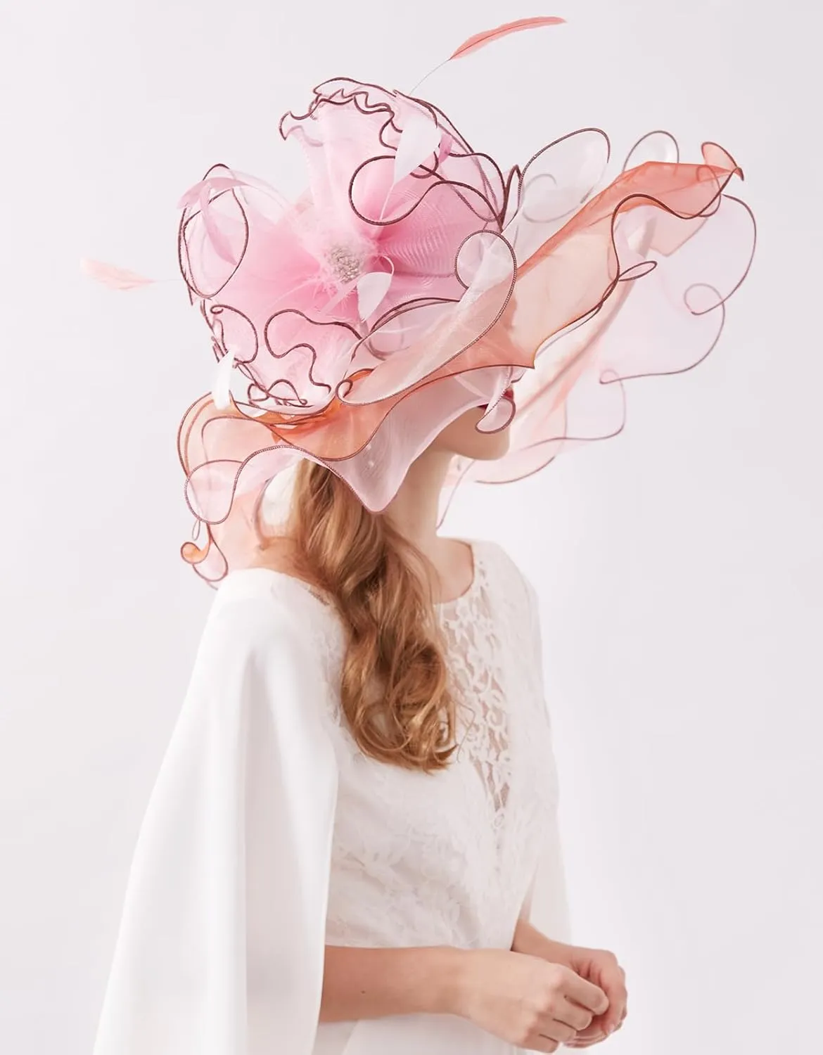 Z&X Women Organza Church Derby Hat Wide Brim Sun Hats for Wedding Tea Party Fascinator Hat, Dual-use